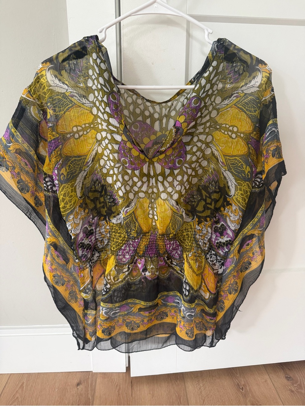 Women's Printed Sheer V-Neck Top in Mustard & Black